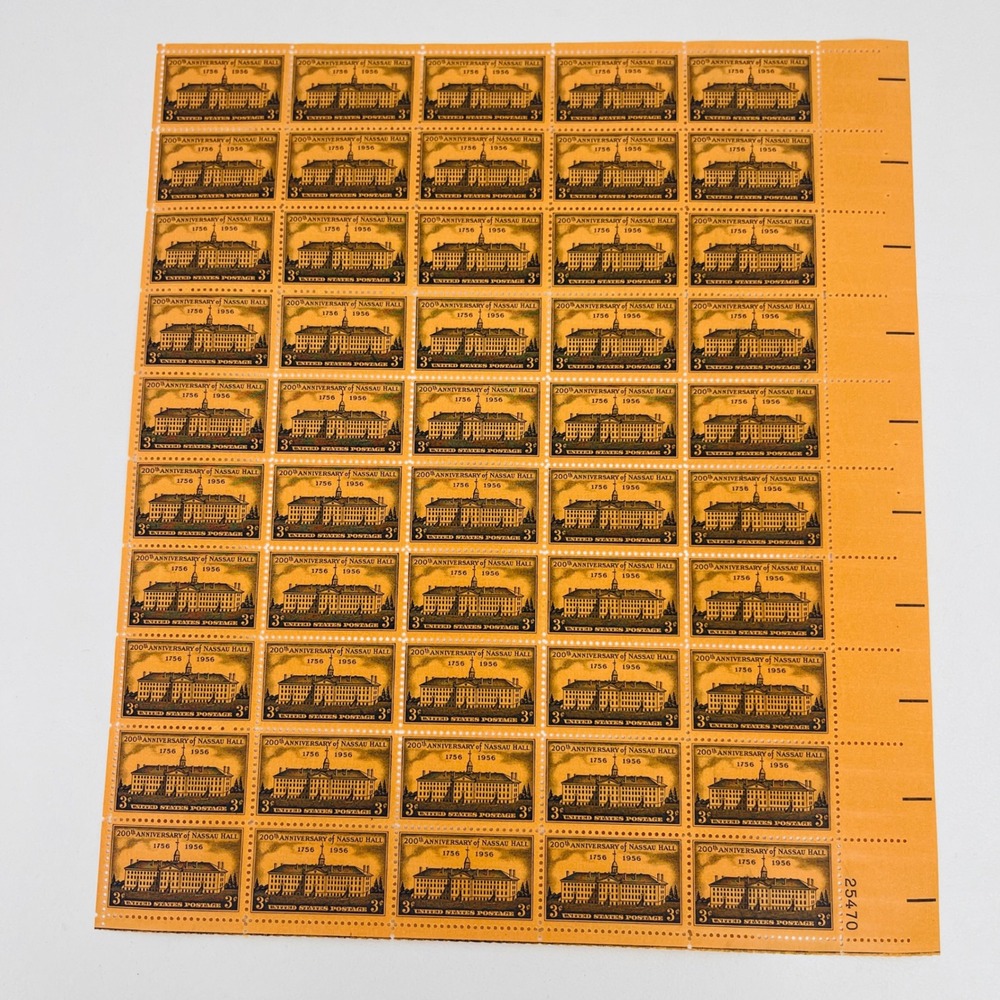 Princeton Nassau Hall 200th Anniversary Stamp Sheet 50 3c 1956 Scott 1083 Orange